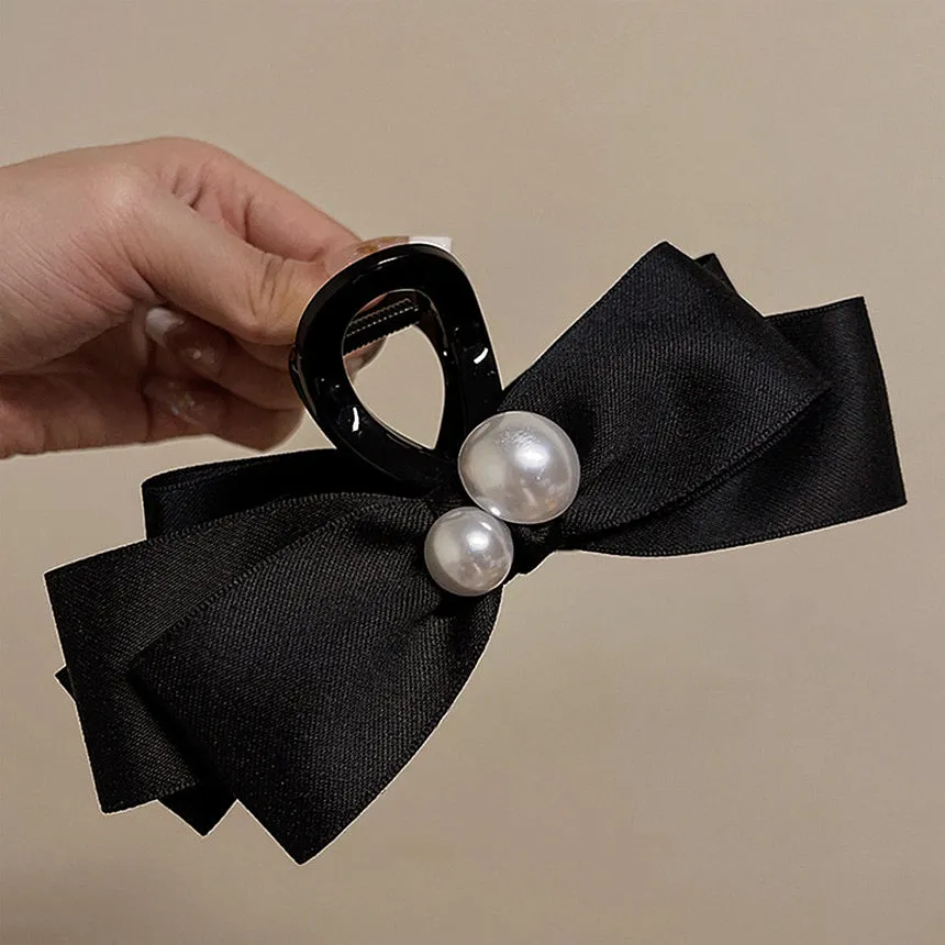 트윈 진주 블랙 리본 헤어 집게핀 Twin pearl black ribbon hair clip