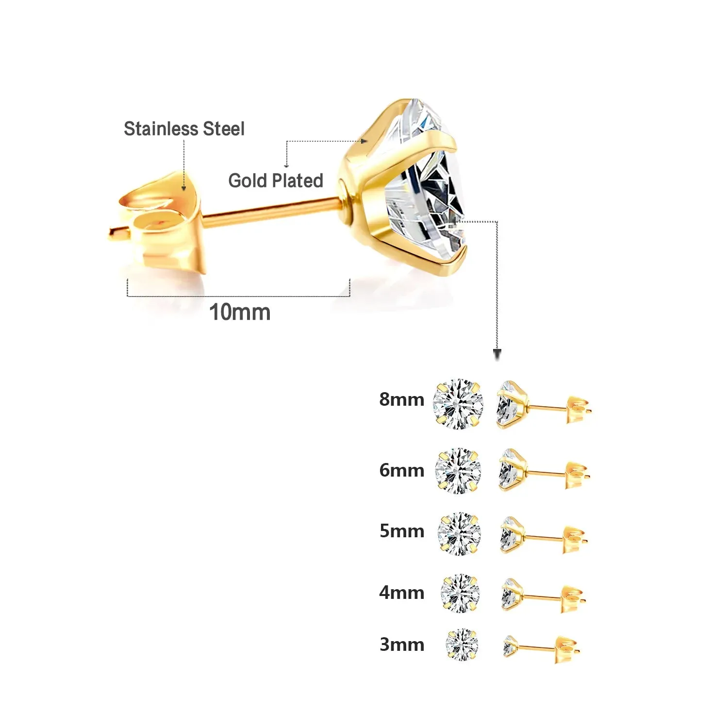 1 Pair/2 Pcs Stainless Steel Crystal Stud Earrings for Women and Men with 4 Prong Tragus Round Clear Cubic Zirconia - Elegant Ear Jewelry