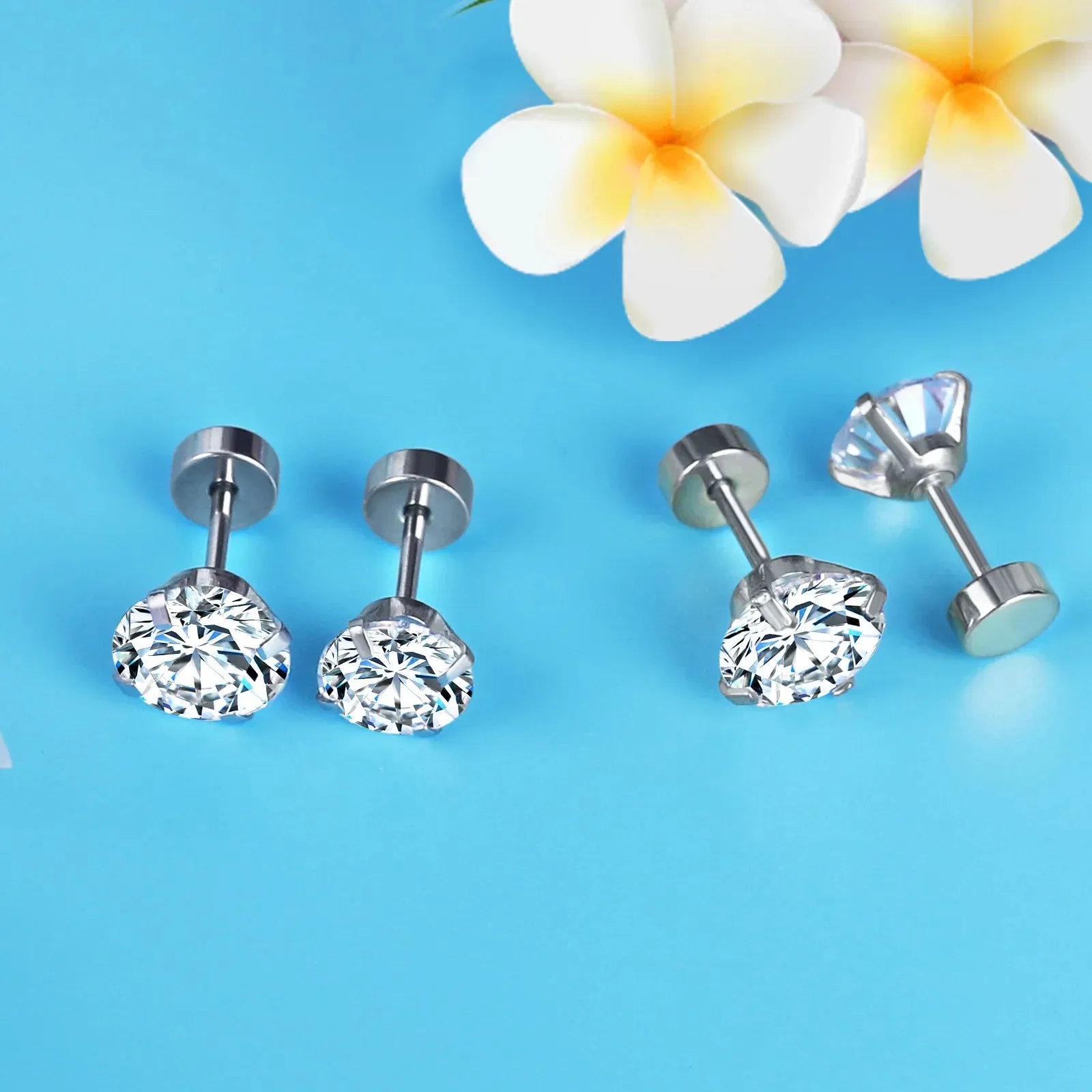 1 Pair/2 Pcs Stainless Steel Crystal Stud Earrings for Women and Men with 4 Prong Tragus Round Clear Cubic Zirconia - Elegant Ear Jewelry