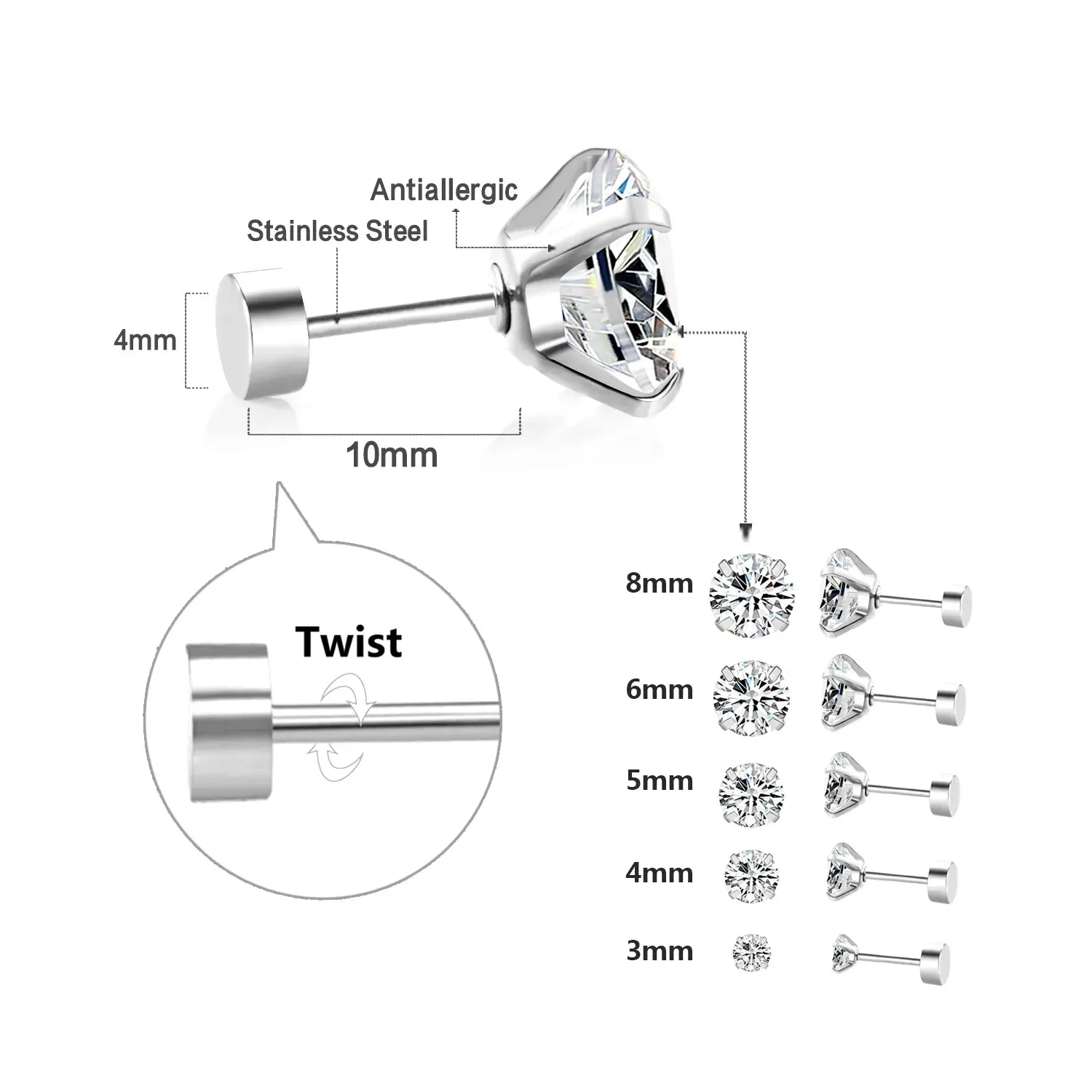 1 Pair/2 Pcs Stainless Steel Crystal Stud Earrings for Women and Men with 4 Prong Tragus Round Clear Cubic Zirconia - Elegant Ear Jewelry