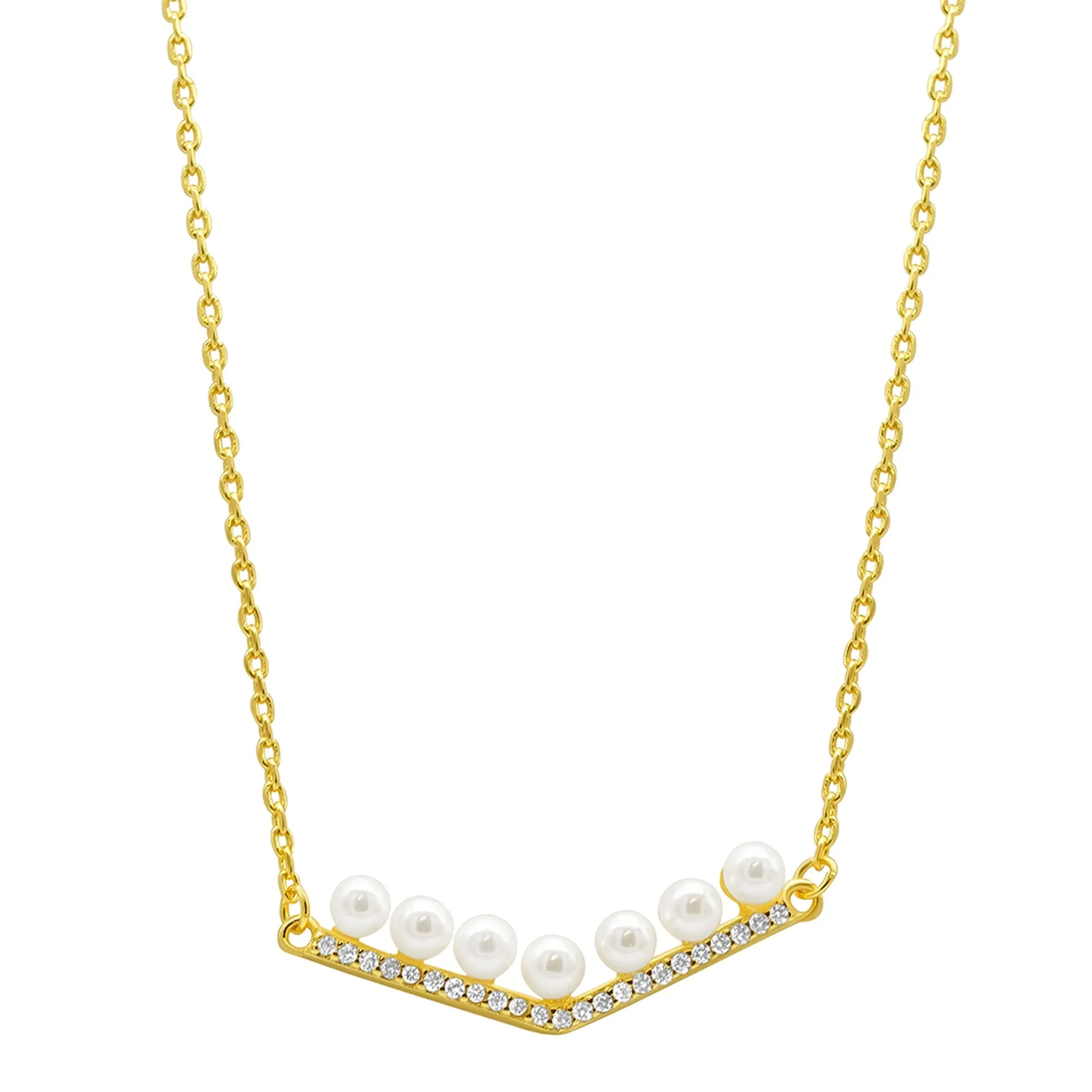 14K Gold Plated Crystal Pearl Bar V-Necklace