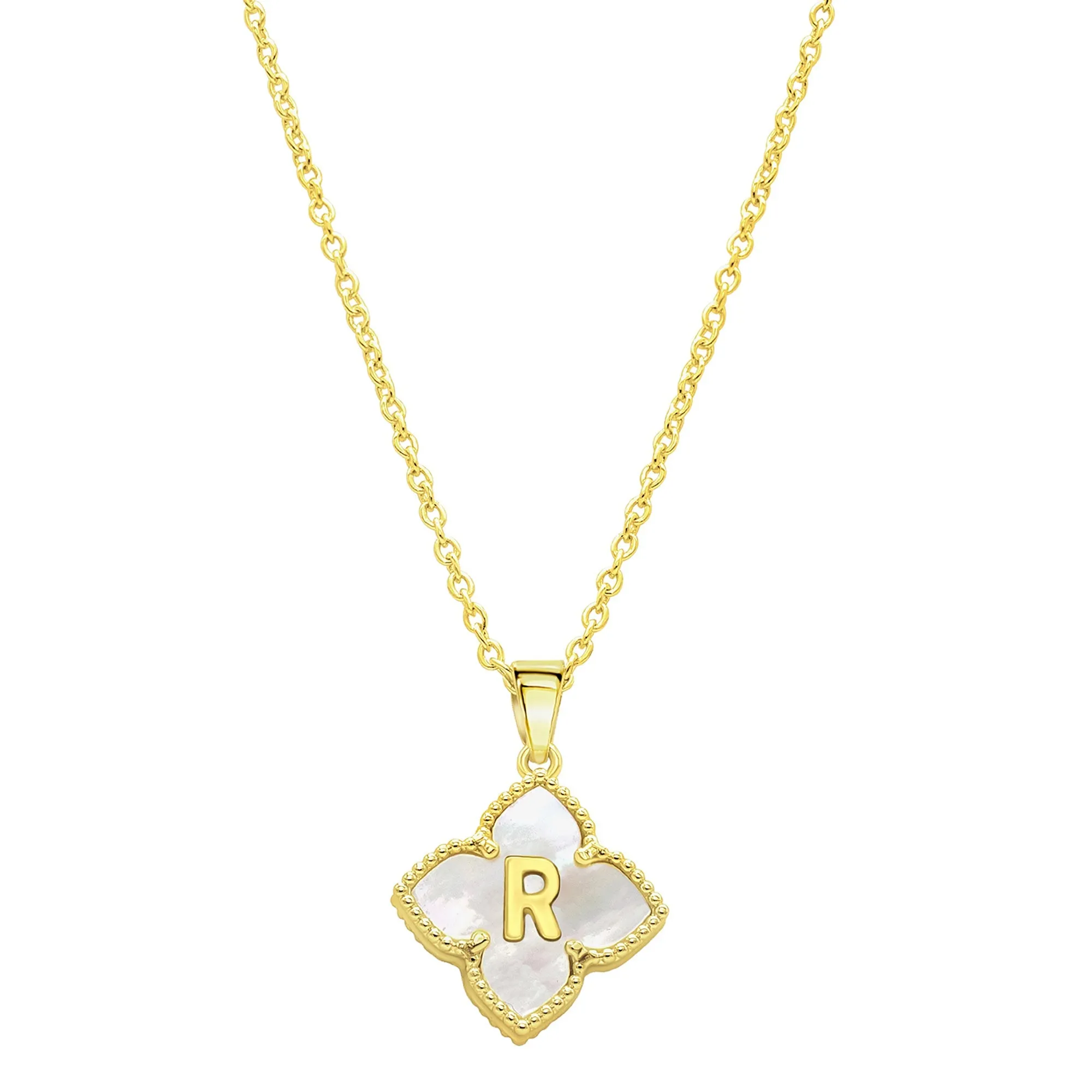 14K Gold Plated White Mother-of-Pearl Initial Floral Necklace