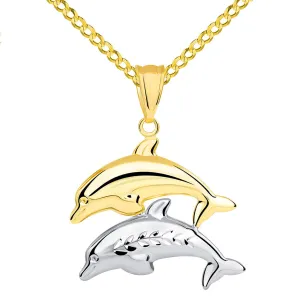 14k Yellow Gold and White Gold Two Tone 3D Dolphins Jumping Pendant Cuban Necklace