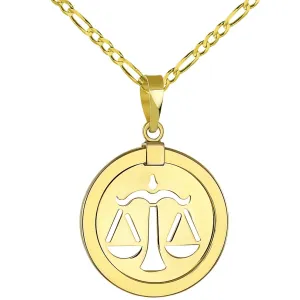 14k Yellow Gold Reversible Round Libra Scale Zodiac Sign Pendant Figaro Chain Necklace