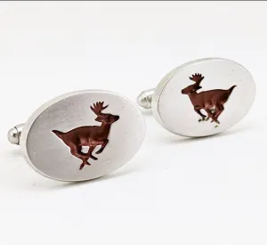 1960s ANSON Deer Cufflink Set Silver Tone Metal & Brown Enamel Mad Men Mid Century Men's Vintage Cufflinks with Stag designs by Anson