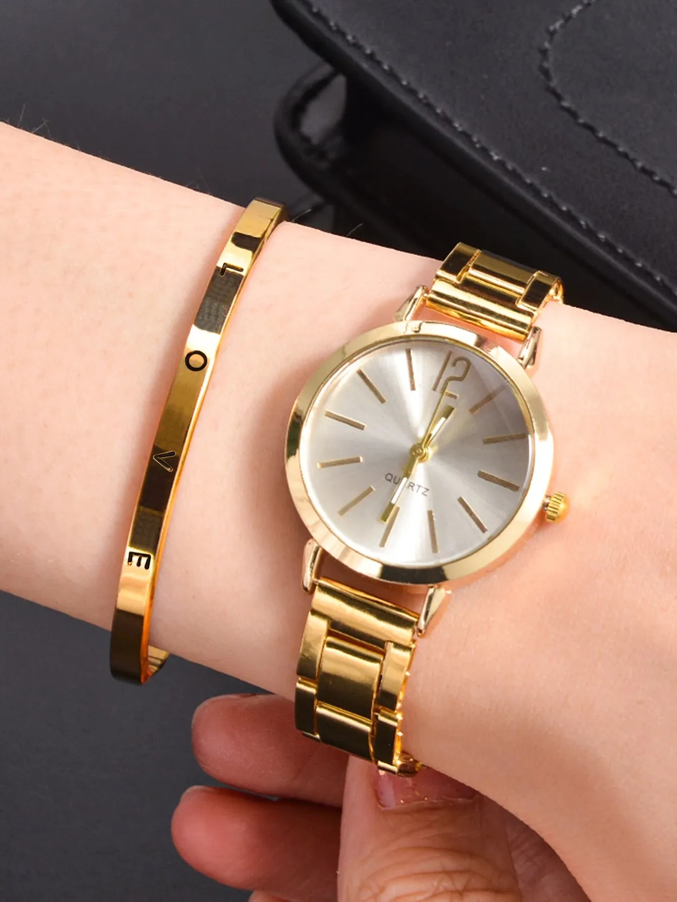 2pcs Women's Silver Steel Band Quartz Watch   LOVE Bracelet Set