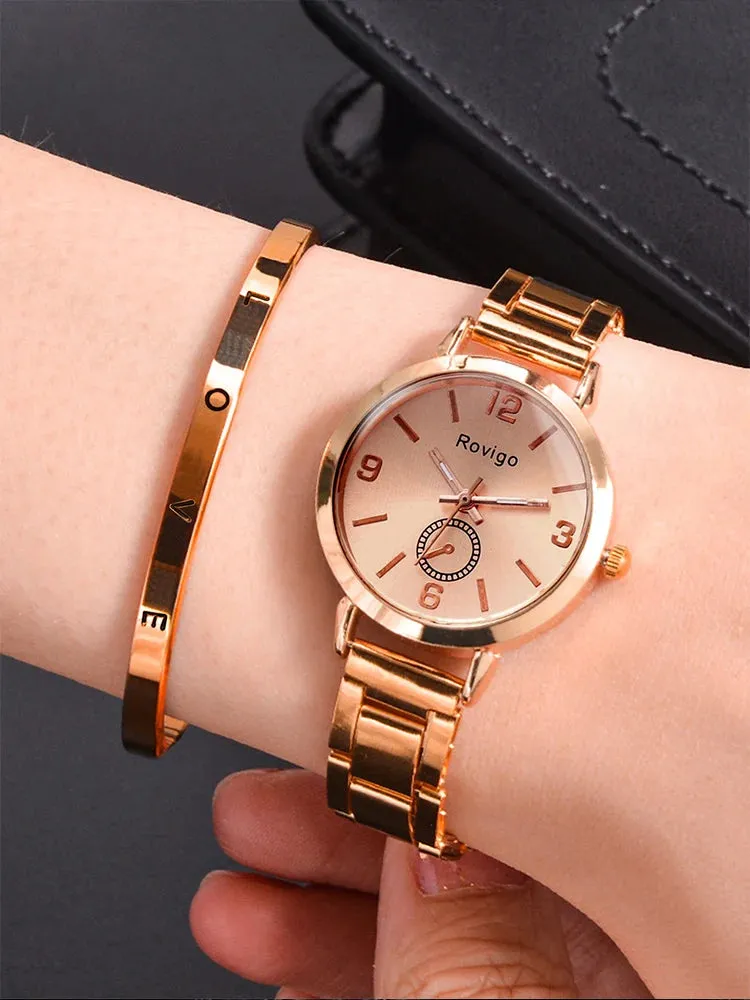 2pcs Women's Silver Steel Band Quartz Watch   LOVE Bracelet Set