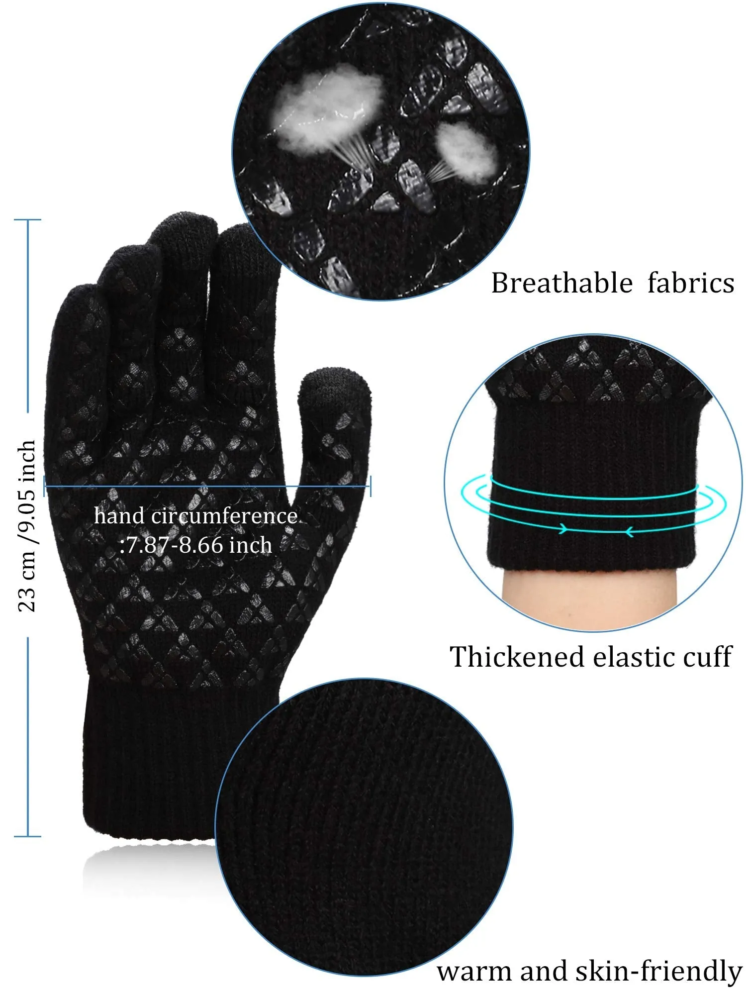 4 Pairs Winter Knit Touchscreen Gloves Warm Texting Gloves Elastic Anti-slip Gloves for Adults Black, Black Red, Black Grey, Rose Red Medium
