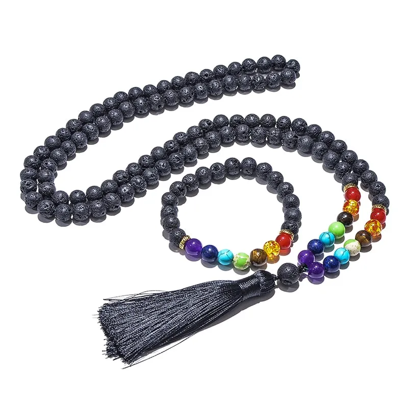 8mm Black Lava Stone 7 Chakra Beaded Japamala Necklace