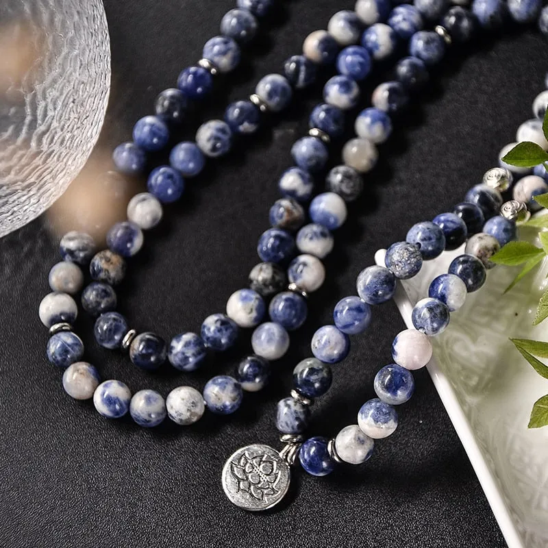 8mm Natural Flower Blue Vein Beaded 108 Mala Bracelet