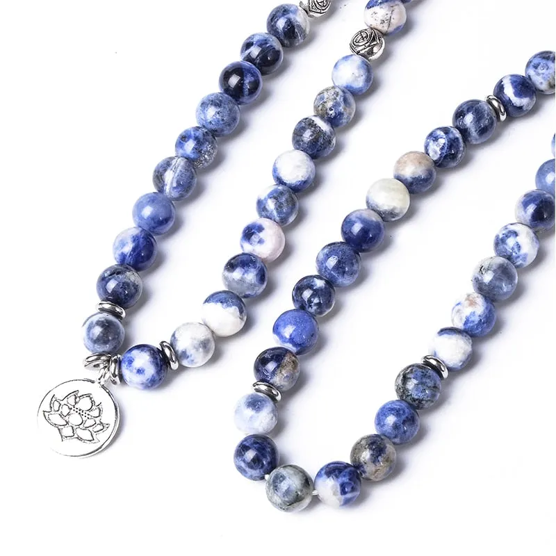 8mm Natural Flower Blue Vein Beaded 108 Mala Bracelet