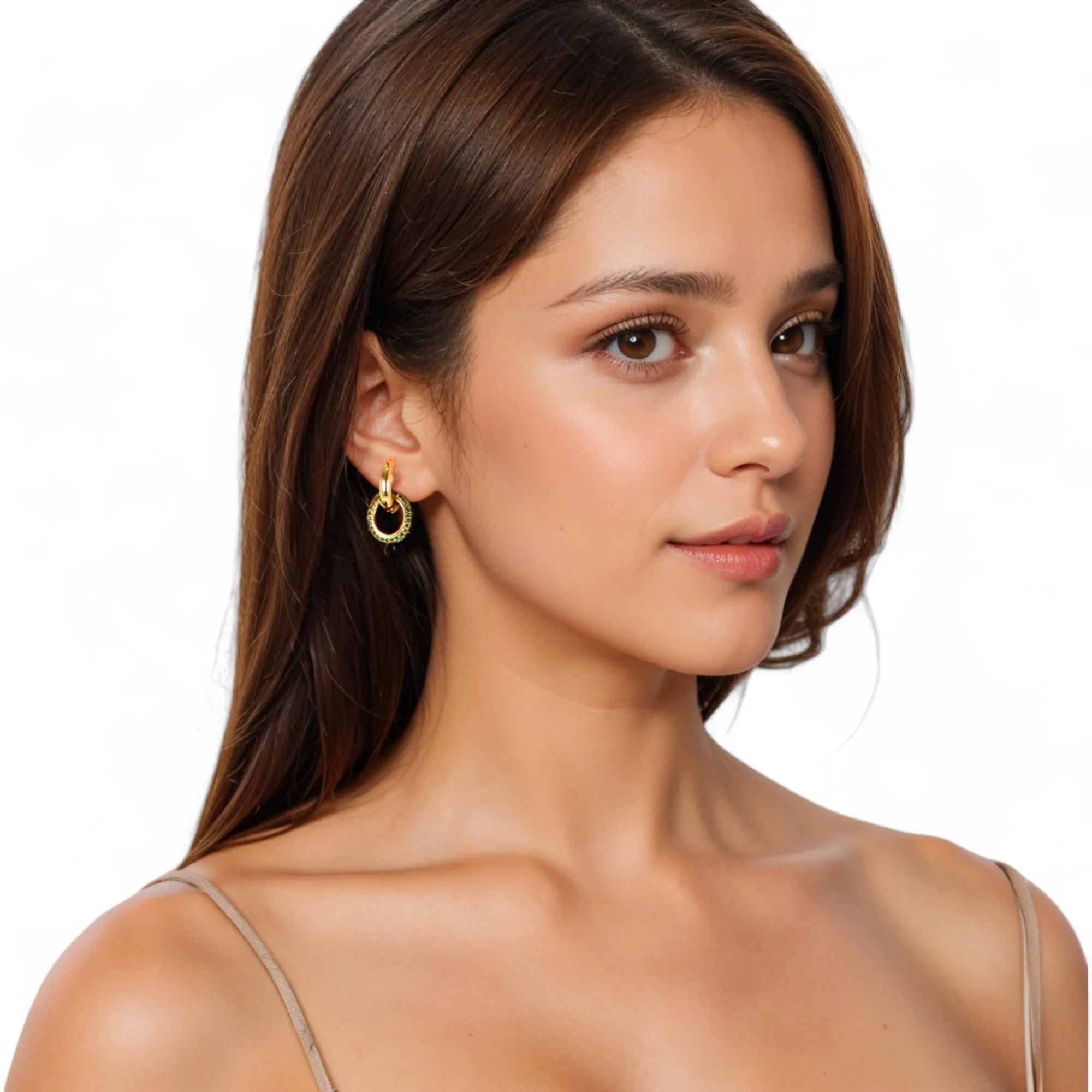 Alilang Women's Gold Tone Hoop Earrings with Green Crystal Encrusted Accent Ring