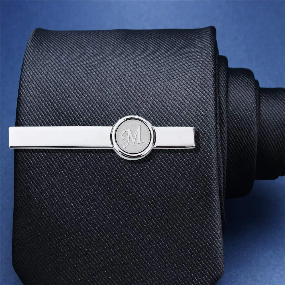 AMITER Mens Classic Cufflinks/Tie Clip/Cufflinks and Tie Clip Set for Men Silver Initials A-Z Formal Business Wedding Tuxedo Shirts M (tie clip)