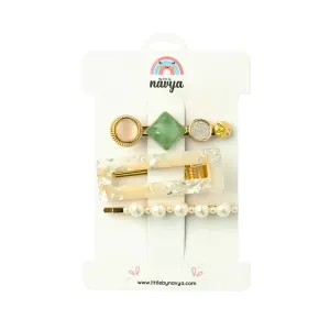 Bedazzled - Set of 3 Embellished Hair Clips, Acrylic Barrette & Pearl Hair Pin (3-8 years) -Ivory and white