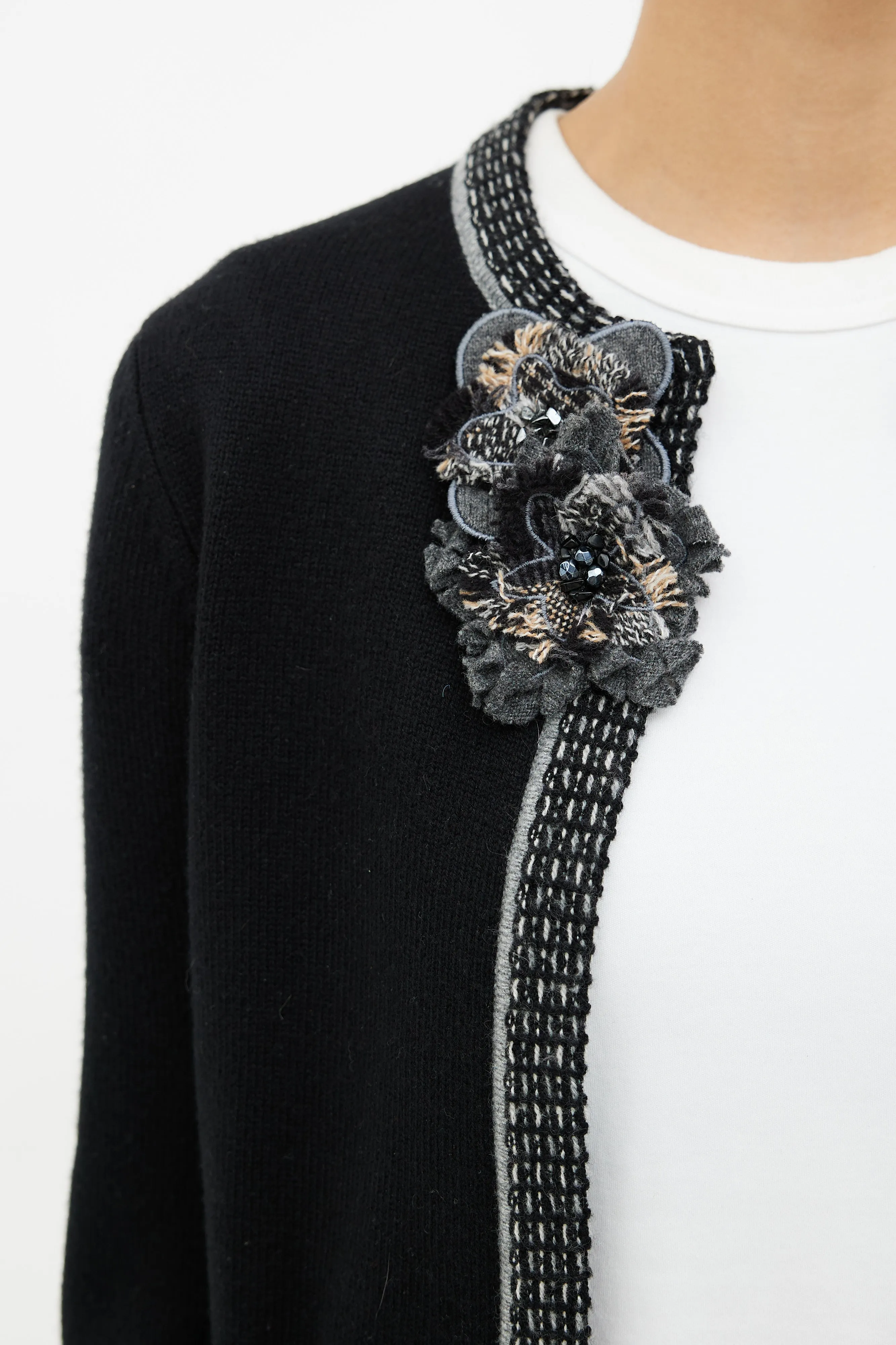 Black & Grey Floral Brooch Cardigan
