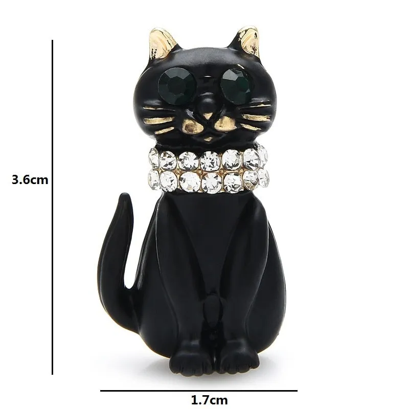 Black Enamel Cat Brooches Women Unisex Cute Rhinestone Sitting Cat Pet Animal Brooch