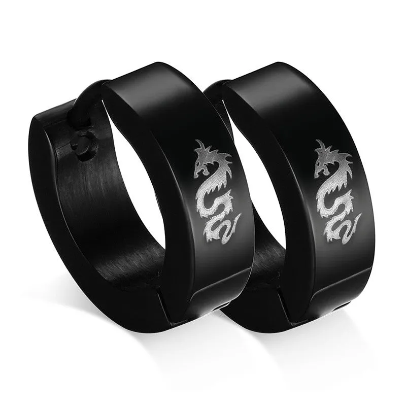 Black Stainless Steel Women's/Men's Laser Dragon Earrings