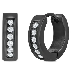 Blackjack Women's Earrings - Black Steel 13mm Hoop Single Row CZ | SA-6077