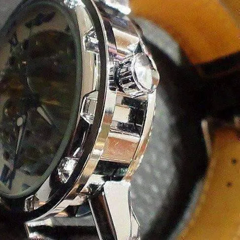 Blue Classic Skeleton Hand Wind Mechanical Watch Black Leather Strap For Men