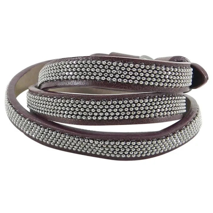 Brunello Cucinelli Burgundy Leather Beaded Wrap Bracelet