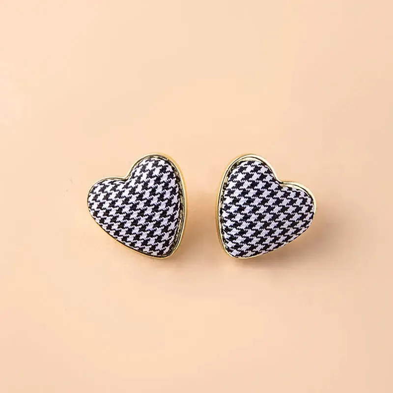 Chic Houndstooth Heart Corduroy Stud Earrings
