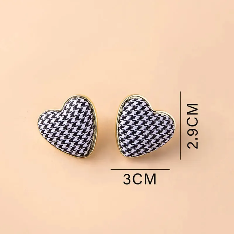 Chic Houndstooth Heart Corduroy Stud Earrings