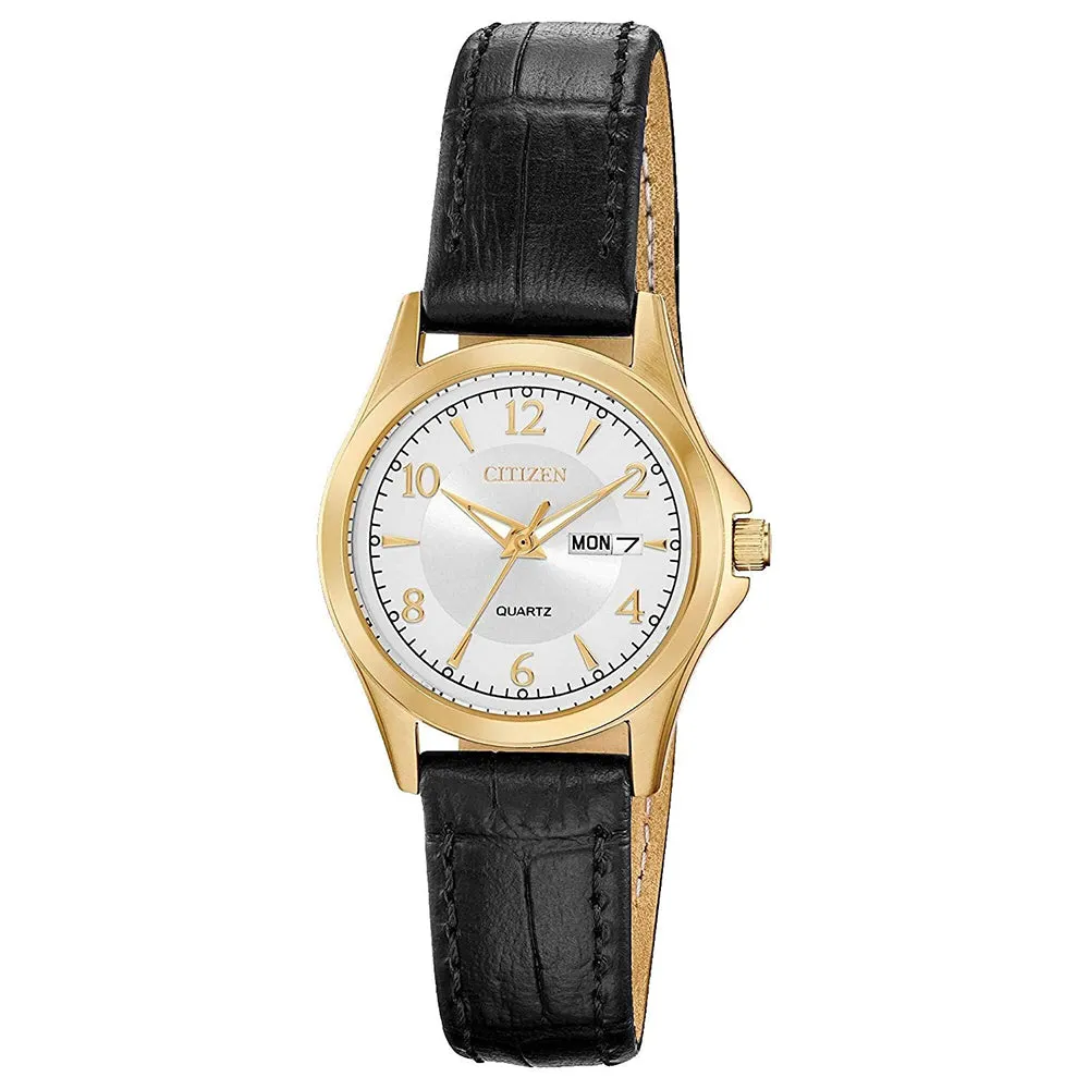 Citizen Womens Black Leather Band White Japanese-Quartz Dial Watch - EQ0593-26A