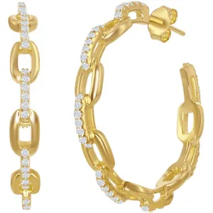 Classic Women's Earrings - Gold Plated 32mm Paperclip White CZ Open Hoop | D-7677-GP