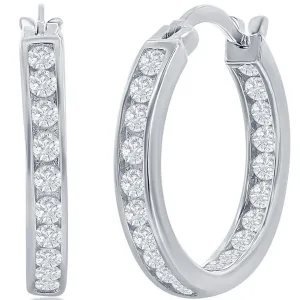 Classic Women's Earrings - Silver 20mm Inside Outside Channel Set CZ Hoop | D-3494