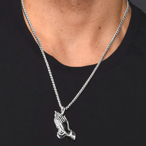Classy Men Silver Praying Hands Pendant Necklace