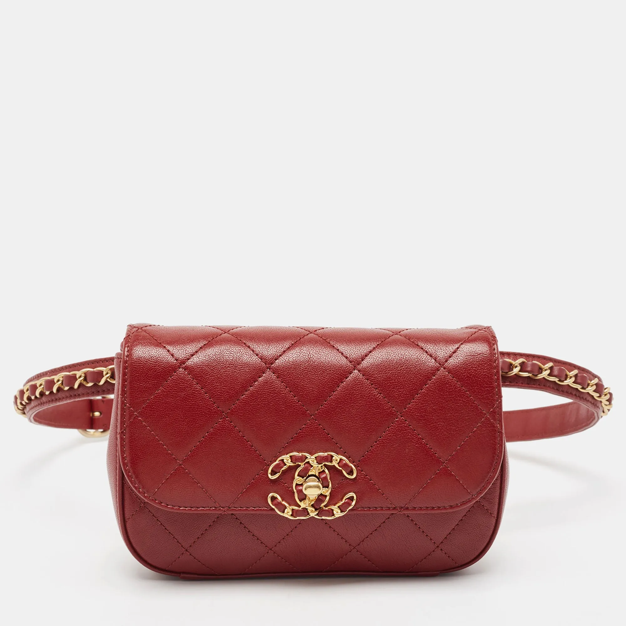 Dark Red Quilted Leather CC Flap Belt Bag