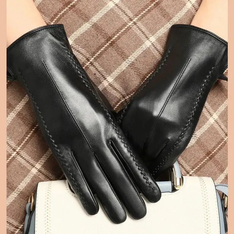 DENIM Genuine Leather Sheepskin Women Gloves 
Winter