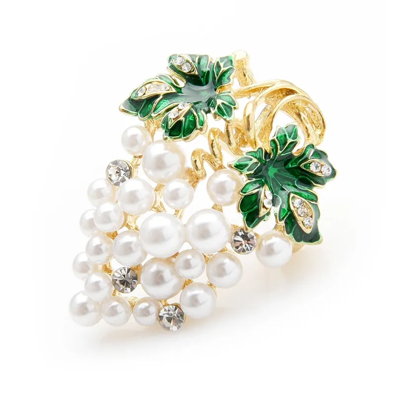 Enamel Full White Pearl Grape Brooches Women