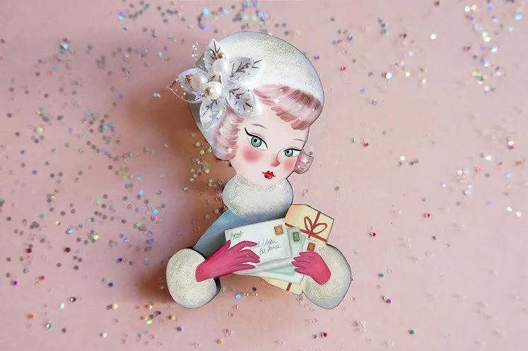 Girl with Christmas Postcards Brooch by Laliblue