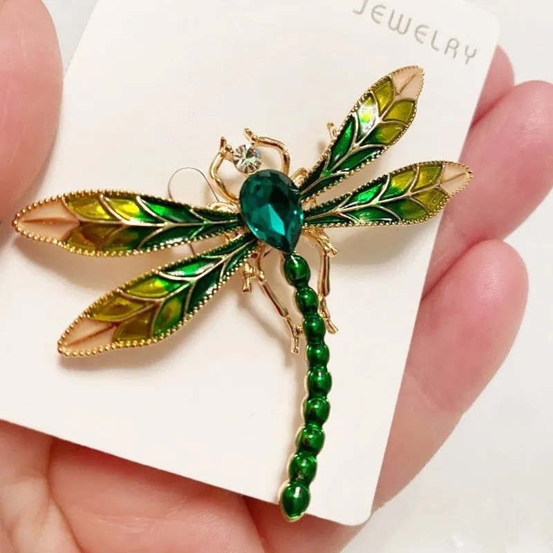 Green Crystal Enamel Dragonfly Brooches For Women And Men