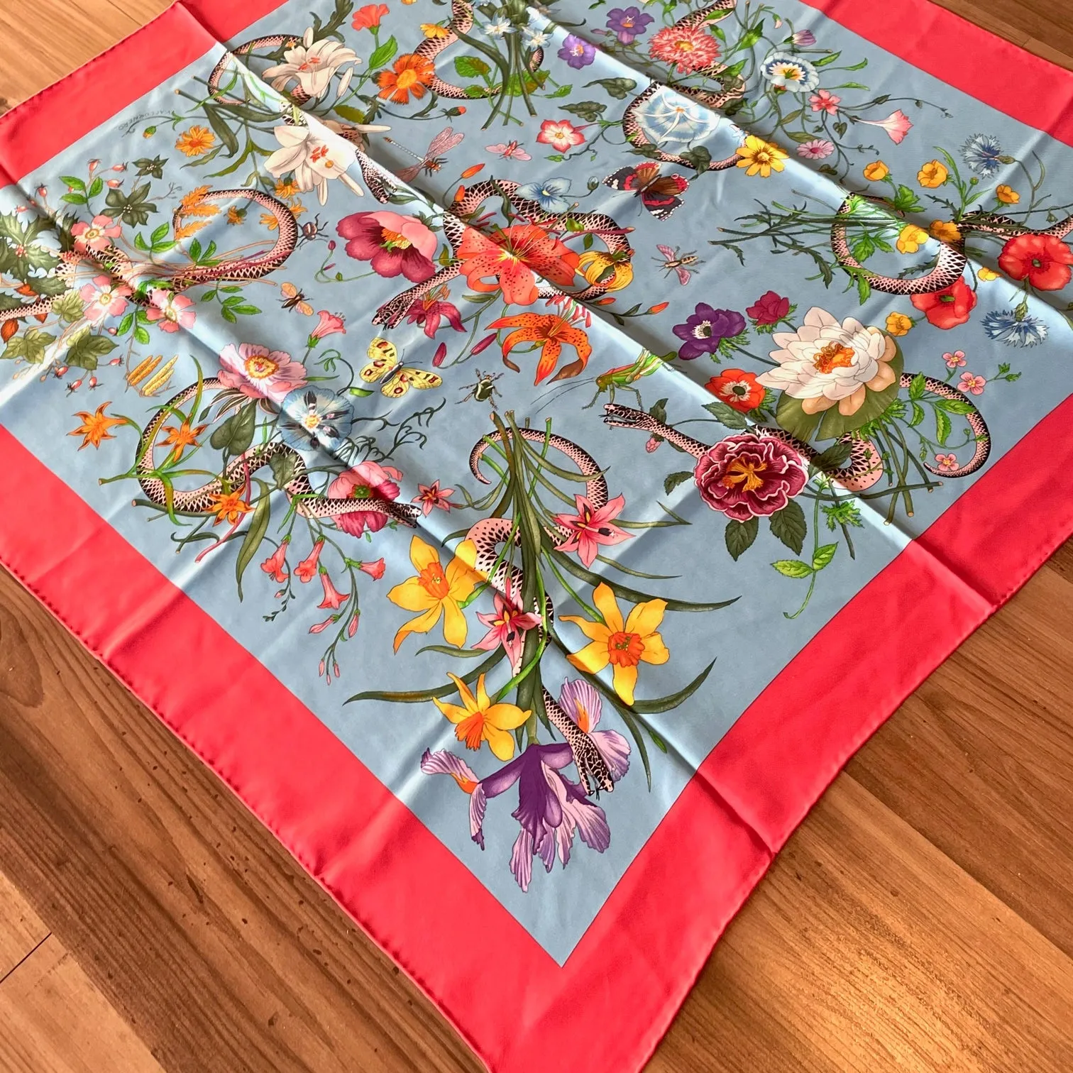 Gucci Coral Blue Snake Floral Printed Silk Square Scarf