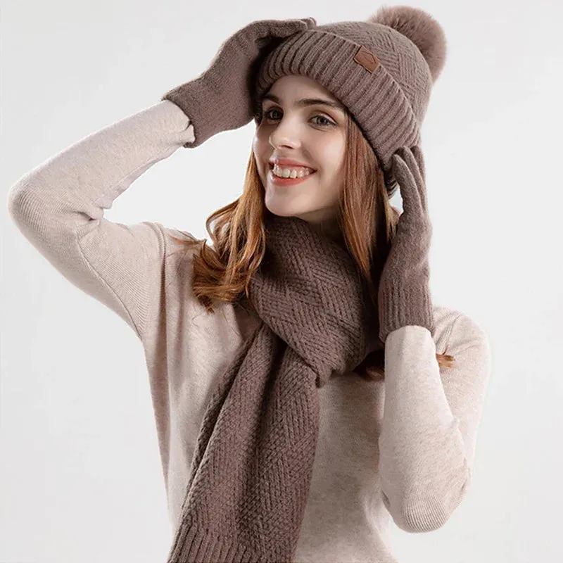 Hat Scarf Touchscreen Gloves Winter Set for Women Girls Warm Knit Fleece Lined Beanie Hat Fur Ball Cap