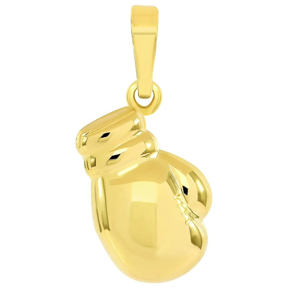 High Polish 14k Gold Necklace with 3D Single Boxing Glove Charm Sports Pendant - 3 Color Varients