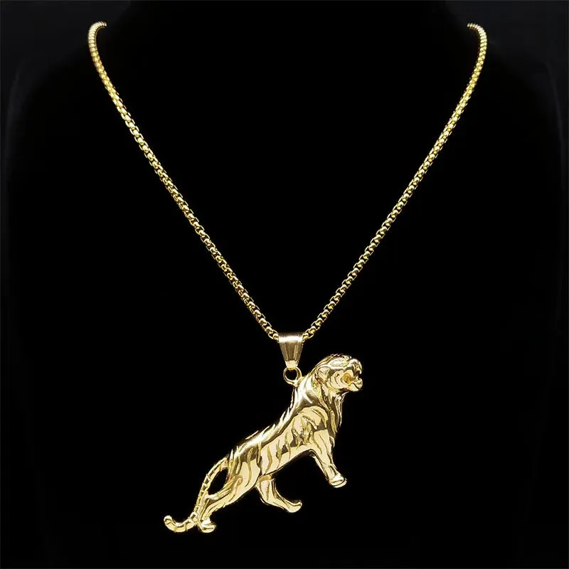 Hip Hop Animal Tiger Pendant Necklace Stainless Steel Gold Color Men's Chain Necklaces