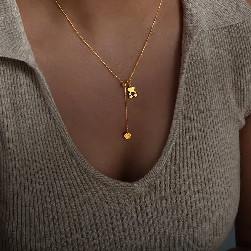Hollow Bear Pendant Adjustable Necklace For Women 316L Stainless Steel Gold Plated Waterproof Girls Neck Chain