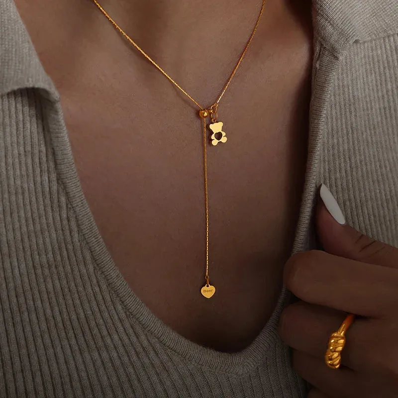 Hollow Bear Pendant Adjustable Necklace For Women 316L Stainless Steel Gold Plated Waterproof Girls Neck Chain