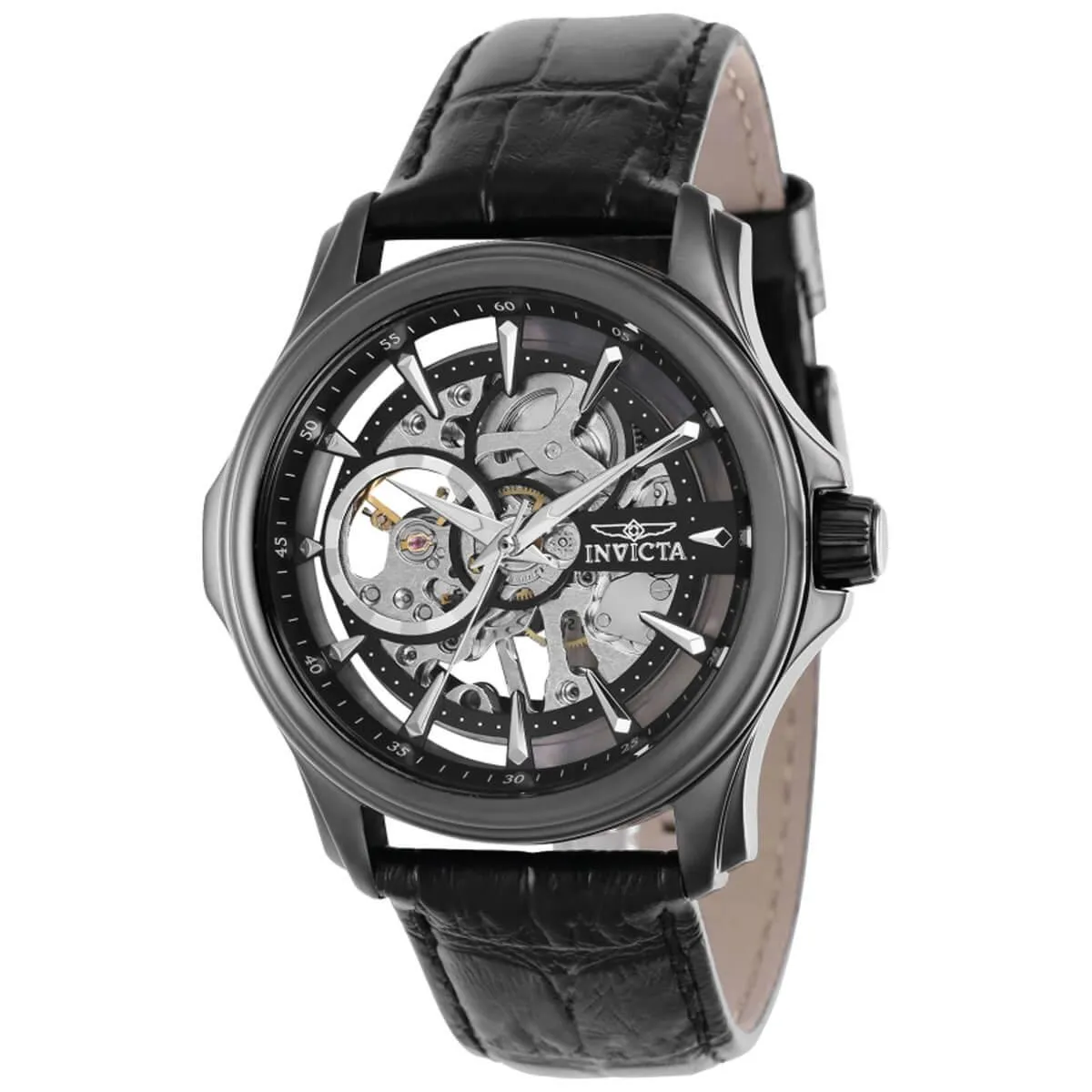 Invicta Men's Mechanical Watch - Vintage Skeleton Dial Black Leather Strap | 37951