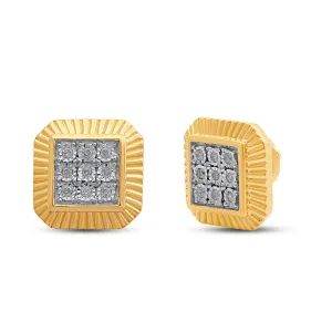 Jewelili 14K Yellow Gold over Sterling Silver with 1/6 CTTW Natural White Round Diamonds Miracle Plate Men's Stud Earrings