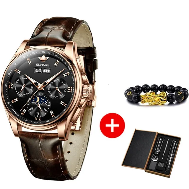 Leather Sapphire Waterproof Sports Moon Phase Wristwatch