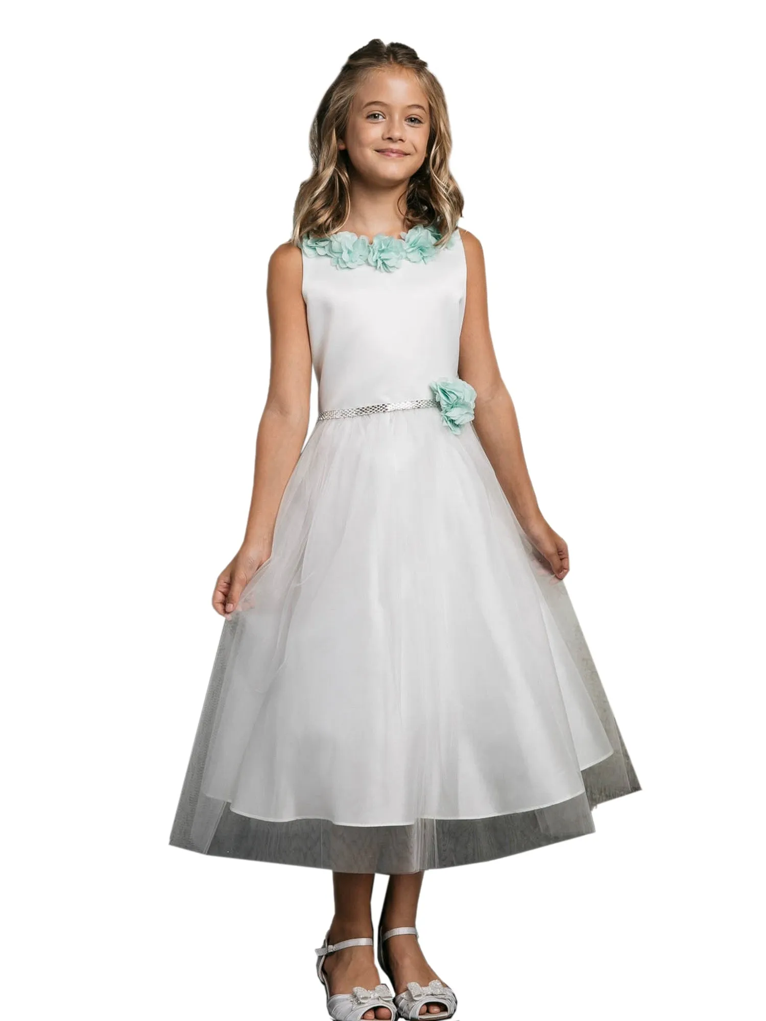 Little Girls Mint Chiffon Floral Brooch Flower Girl Dress 2-6