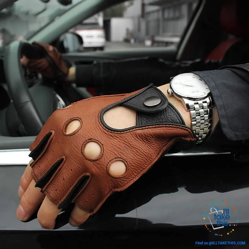 Men's Drivers Gloves Genuine Leather - Supersoft Deerskin Fingerless Gloves - 2 Colors
