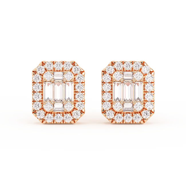 Men's Emerald-Shaped Baguette & Round-Cut Diamond Stud Earrings 14K Gold