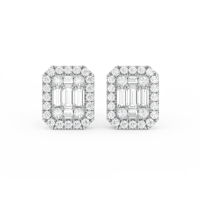 Men's Emerald-Shaped Baguette & Round-Cut Diamond Stud Earrings 14K Gold