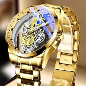 Men's Gold Skeleton Automatic Quartz Watch – Luxury Vintage Design