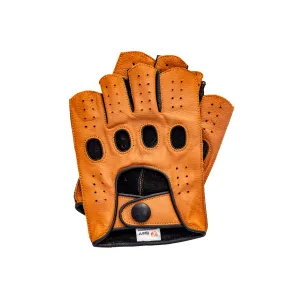Men's Reverse Stitched Fingerless Leather Driving Gloves - Cognac/Black